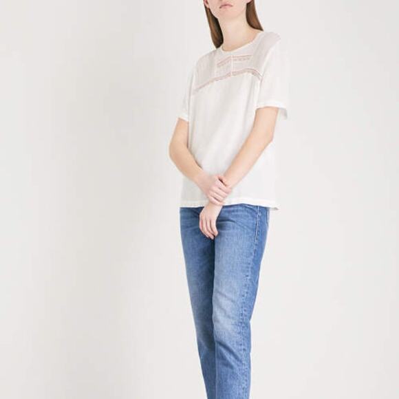 Sandro Veinarde Lace Yoke Embroidered Crepe Top Blouse Ecru Cream S - Picture 14 of 14